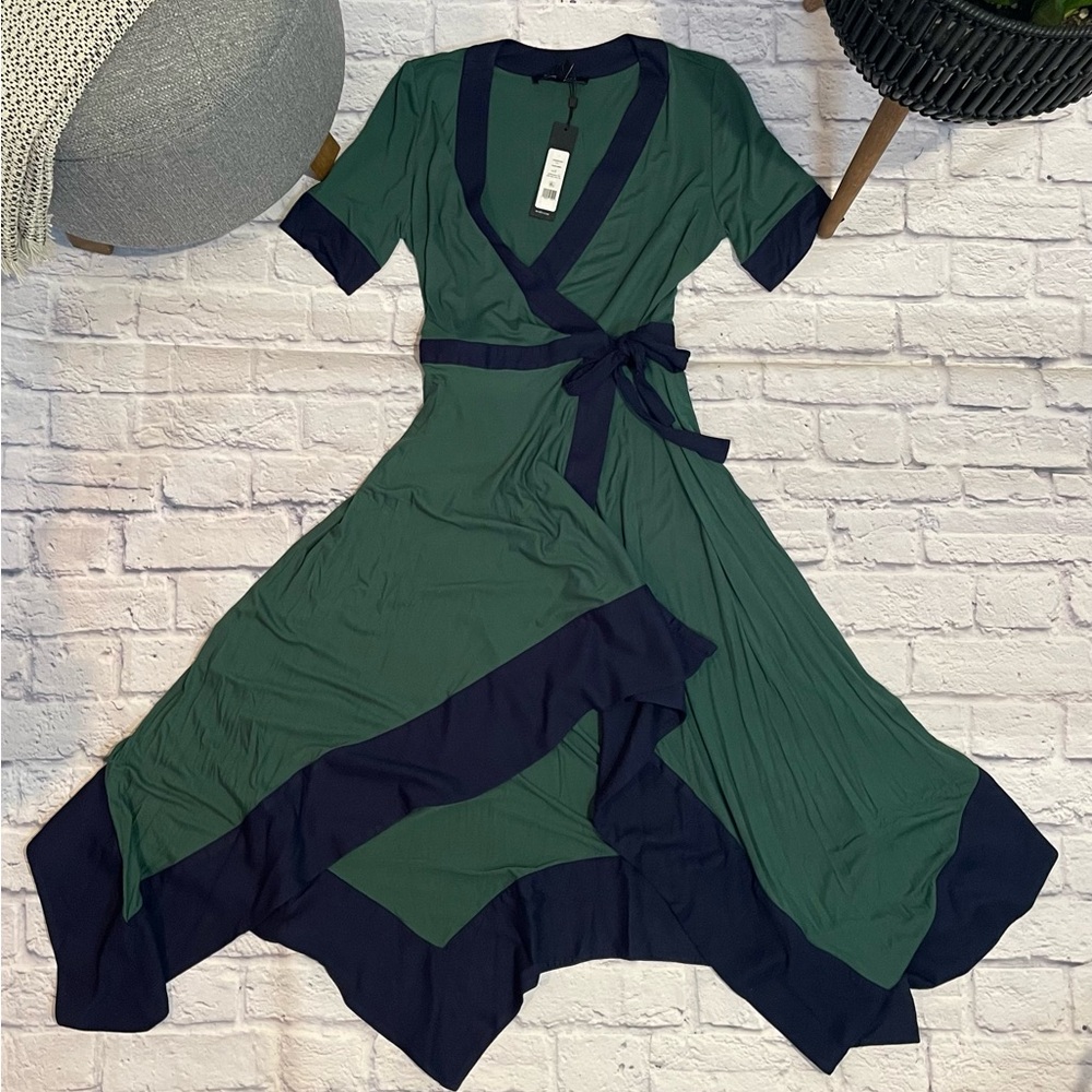 BCBGMaxAzria Green and Blue Asymmetrical Wrap Sundress